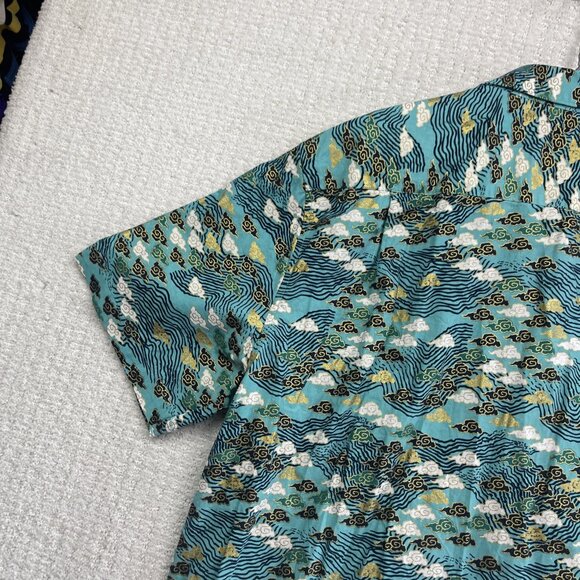 Oromen Sakura Wave Cloud AOP Golden / Blue Short Sleeve Button Up Shirt Size XXL - Picture 12 of 15
